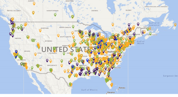 US map with pins of various types of paper mills.