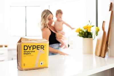 Image of DYPER's new fully recyclable packaging for its newly designed diaper.