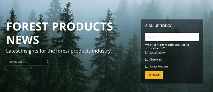 Screenshot of the ResourceWise Forest Products News page with a form to susbscribe to the blog.